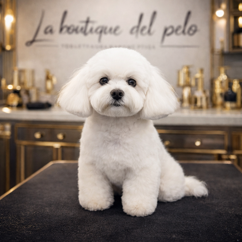Cane bianco appena toelettato in boutique