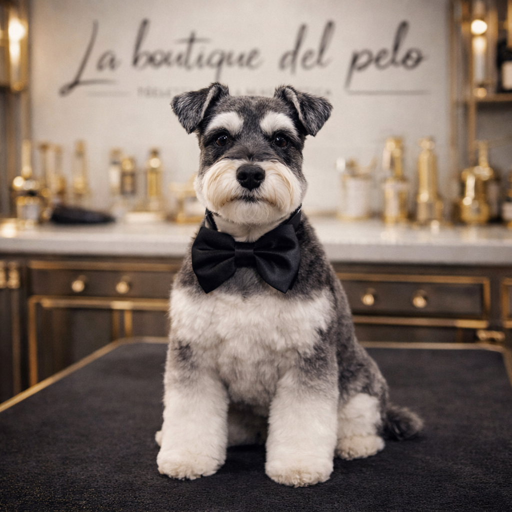 Cane con papillon nero dopo la toelettatura