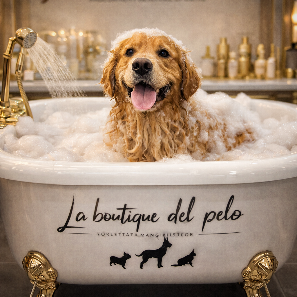 Golden retriever durante un bagno schiumoso in boutique